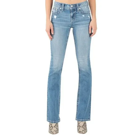 Miss Me Women's Mid Rise Classic Destroyed M Bootcut Jeans 27W x 34L Light Blue